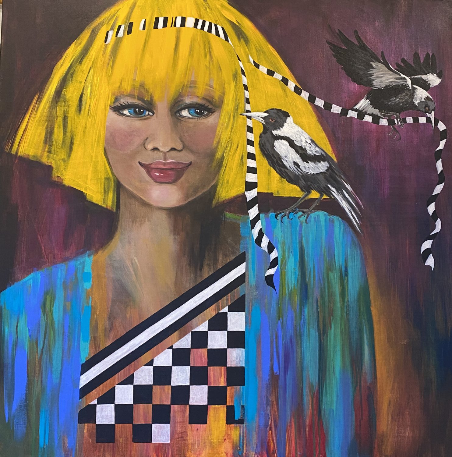 Girl with Magpie - SOLD (1m x 1m)