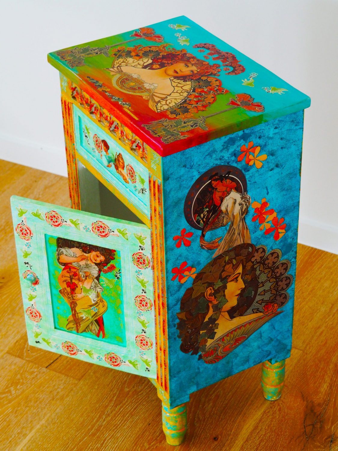 Timber Side Cupboard - painted and decoupage